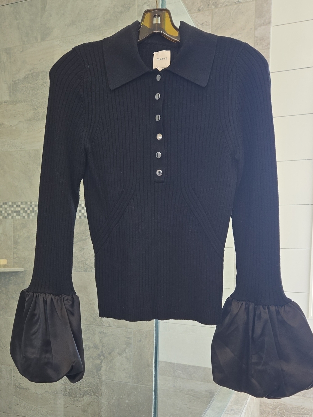 Anthropologie Maeve Satin Cuff Polo Sweater - Picture 4 of 7